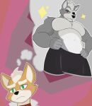  absurd_res anthro canid canine canis duo fox fox_mccloud green_eyes grey_body hi_res male mammal muscular muscular_anthro muscular_male nintendo pecs red_eyes star_fox suitedwolfie wolf wolf_o&#039;donnell 