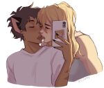  2girls adora_(she-ra) animal_ears black_nails blonde_hair blush brown_hair cat_ears catra cellphone closed_mouth commentary dark-skinned_female dark_skin english_commentary french_kiss grey_tank_top highres holding holding_phone kiss long_hair multiple_girls oliviajtaylor20 one_eye_closed phone scar scar_on_arm selfie she-ra_and_the_princesses_of_power shirt simple_background smartphone taking_picture tank_top tongue tongue_out twitter_username white_background white_shirt yuri 