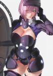  1girl armor armored_leotard bare_shoulders black_armor black_gloves black_leotard black_thighhighs breasts elbow_gloves fate/grand_order fate_(series) gloves hair_over_one_eye head-mounted_display highres large_breasts leotard looking_at_viewer lord_camelot_(fate) mash_kyrielight mash_kyrielight_(ortenaus) pink_hair purple_eyes shield short_hair thighhighs thighs tonko_from 