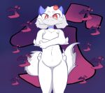  anthro blue_horn breasts chest_wraps clyde_(discord) discord_(app) featureless_breasts featureless_crotch female fur hair hi_res horn looking_at_viewer looking_down navel red_eyes short_hair smile solo standing white_body white_fur white_hair wraps 