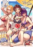  4girls absurdres alcohol angel_(kof) ap_cammy asamiya_athena beach beach_umbrella beer beer_bottle bikini blue_eyes blue_mary blue_sky bottle breasts cleavage cloud collarbone day fatal_fury fingerless_gloves gloves hair_ornament hair_over_one_eye hairband highres holding horizon large_breasts long_hair looking_at_viewer midriff multiple_girls navel ocean open_mouth outdoors psycho_soldier purple_eyes purple_hair red_hairband ryuuko_no_ken sand short_hair side-tie_bikini_bottom sky smile snk star_(symbol) star_hair_ornament swimsuit the_king_of_fighters toned umbrella water white_hair yuri_sakazaki 