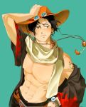  1boy abs aqua_background arm_tattoo belt bracelet c_a_k_e closed_mouth coat freckles hand_on_headwear hand_on_own_hip hat highres jewelry log_pose looking_to_the_side male_focus muscular muscular_male one_piece orange_belt orange_hat portgas_d._ace scarf solo tattoo upper_body white_scarf 