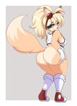 absurd_res anthro bangs big_breasts big_butt blonde_hair bottomless breasts butt canid canine clothed clothing dipstick_ears dipstick_tail ear_markings eyewear eyewear_on_head facial_markings female footwear fox fur gloves goggles goggles_on_head hair hand_on_butt handwear head_markings hi_res inviting kotone_(zelripheth) looking_at_viewer mammal markings multicolored_ears orange_body orange_fur ponytail presenting raised_tail rear_view shirt shoes slightly_chubby slightly_chubby_female socks solo tail tail_markings tank_top topwear yellow_body yellow_fur zelripheth