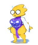  3_toes alphys anthro barefoot big_breasts boss_monster_(undertale) bottomwear breasts buckteeth clothing cosplay dress eyewear feet female freckled_face freckled_knee freckled_legs freckled_thighs freckles glasses hi_res loincloth open_mouth scalie solo somescrub tail teeth thick_thighs toes undertale_(series) yellow_body yellow_skin 
