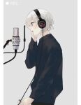  1boy absurdres bishounen black_sweater blue_eyes border commentary_request eyelashes from_side grey_background hair_between_eyes headphones highres jack_jeanne long_sleeves male_focus microphone music open_mouth pale_skin profile recording shirota_mitsuki short_hair short_ponytail singing standing studio_microphone succhii_(pikaru) sweater upper_body white_border white_hair wire 