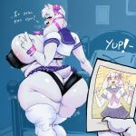  1:1 2024 absurd_res anthro bed before_and_after big_breasts big_butt blush boss_monster_(undertale) bovid bra breasts butt caprine clothing double_v_sign duo english_text female fingers fur furniture gausscannon gesture goat hand_gesture hi_res holding_photo huge_breasts huge_butt hyper hyper_breasts mammal mostly_offscreen_character open_mouth photo pillow red_eyes scut_tail short_tail tail text tongue toriel undertale_(series) underwear v_sign white_body white_fur 
