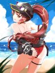  1girl absurdres aresiasitennou ass bare_shoulders baseball_cap beach bikini black_hair black_jacket blurry blurry_foreground cloud from_behind hat heart heart-shaped_eyewear heterochromia high_ponytail highres hololive houshou_marine houshou_marine_(summer) jacket long_hair looking_at_viewer looking_back ocean off_shoulder palm_tree purple-tinted_eyewear red_bikini red_eyes red_hair sand solo sunglasses swimsuit tinted_eyewear tongue tongue_out tree virtual_youtuber yellow_eyes 