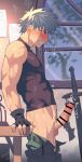  1boy bar_censor black_gloves blue_eyes blush censored clenched_teeth clothes_pull commentary_request dated erection fingerless_gloves from_side gloves green_pants grey_hair highres male_focus male_pubic_hair muscular muscular_male original pants pants_pull penis precum profile pubic_hair sagami_jon short_hair signature solo sweat sword table teeth testicles weapon window 