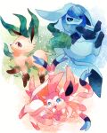  blue_eyes bow brown_eyes commentary_request fang full_body glaceon leafeon looking_at_viewer no_humans open_mouth pokemon pokemon_(creature) pokemon_focus ribbon satan_(zoroa553) smile sylveon tongue watercolor_effect 