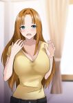  1girl ane_death. arima_sekai_(artist) arms_up black_pants blue_eyes breasts cleavage commentary_request highres large_breasts long_hair looking_at_viewer mature_female open_mouth pants sakura_ayaka shirt solo strawberry-blonde_hair surprised yellow_shirt 
