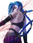  1girl absurdres alternate_breast_size arcane:_league_of_legends arcane_jinx arm_tattoo ass asymmetrical_bangs bare_shoulders blood_on_body blue_hair braid cowboy_shot crop_top detached_sleeves eruthu from_behind hair_ornament highres jinx_(league_of_legends) league_of_legends pants pink_eyes pink_pants purple_pants shoulder_tattoo solo striped_clothes striped_pants tattoo twin_braids twintails white_background 