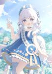  1girl :d animal asymmetrical_legwear bird blue_dress blue_eyes commission dress highres looking_at_viewer mountain musical_note open_mouth original outdoors skeb_commission smile staff_(music) thighhighs tyomimas uneven_legwear variant_set white_hair wings 