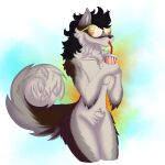  ambiguous_gender anthro black_hair canid canine canis drinking eyewear foxgumie fur glasses grey_body grey_fur hair hi_res mammal solo tail wolf 