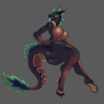  anthro big_breasts black_body breasts butt dragon female foxgumie green_eyes green_hair grey_background hair hi_res horn mythological_creature mythological_scalie mythology scalie simple_background solo tail tongue tongue_out 