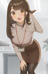  1girl arm_up bangs bent_over blush brown_hair brown_skirt earrings grey_sweater hand_in_own_hair hand_on_leg highres jewelry light_bulb long_hair looking_at_viewer name_tag office office_lady ol-chan_(ol_mahonanoka) ol_mahonanoka open_mouth original pantyhose pencil_skirt plant skirt sweater swept_bangs turtleneck turtleneck_sweater yellow_eyes 