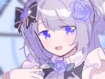  1girl aqua_background black_bow blue_eyes blue_flower blue_vest blurry blurry_background blush bow braid button_nose collared_shirt eyebrows_visible_through_hair flower frilled_sleeves frills grey_hair hair_bow hair_bun hair_flower hair_ornament hand_on_own_chest jabot long_hair looking_at_viewer magia_record:_mahou_shoujo_madoka_magica_gaiden magical_girl mahou_shoujo_madoka_magica open_mouth paru_rari portrait shirt short_sleeves side_braid sidelocks signature smile solo sparkle twitter_username vest white_shirt white_sleeves yakumo_mitama 