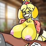  animal_crossing anthro big_breasts blonde_hair breasts canid canine canis clothing day74art domestic_dog female hair huge_breasts isabelle_(animal_crossing) mammal nintendo nipples pink_nipples shirt solo topwear yellow_body 