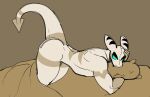  60percentscalie anthro bed blue_sclera demon digital_media_(artwork) dovak furniture lying male markings muscular muscular_male nude nude_anthro nude_male on_bed on_front pillow raised_tail scalie simple_background solo spade_tail striped_body stripes tail thick_tail white_body yellow_eyes 