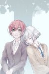  1boy 1girl androgynous bob_cut cardigan closed_eyes collared_shirt colored_eyelashes commentary_request eyelashes grey_cardigan hair_between_eyes head_on_another&#039;s_shoulder highres jack_jeanne leaning_on_person long_sleeves looking_at_viewer pink_hair shirota_mitsuki shirt short_hair sitting sketch smile t0day8 tachibana_kisa tree upper_body white_hair white_shirt yellow_eyes 