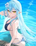  1girl absurdres arm_up bikini black_bikini blue_hair breasts closed_mouth elf expressionless flower frills hair_flower hair_ornament hand_in_own_hair highres hololive large_breasts long_hair looking_at_viewer nama_tt1786 pointy_ears pool solo strap_gap swimsuit very_long_hair virtual_youtuber wading water wet wet_hair white_flower yellow_eyes yukihana_lamy 