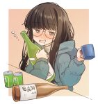  1girl alcohol artist_name beer_can blush bottle brown_eyes brown_hair can coat cup drooling drunk eyebrows_visible_through_hair holding holding_bottle holding_cup kawanobe long_hair long_sleeves mug sake simple_background solo toba_minami upper_body yurucamp 