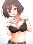  1girl belt_buckle black_bra blush bra breasts brown_hair buckle cleavage commentary_request gakuen_idolmaster highres idolmaster lace-trimmed_bra lace_trim large_breasts lifting_own_clothes looking_at_viewer navel neo_asari neo_to_mato purple_eyes shirt short_hair short_sleeves simple_background smile solo striped_clothes striped_shirt underwear watch white_background wristwatch 