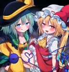  2girls absurdres black_hat blonde_hair blue_eyes blush breasts cleavage clothes_lift commentary_request fang flandre_scarlet green_hair hat heart heart-shaped_pupils highres komeiji_koishi koroyarou long_hair looking_at_viewer medium_breasts medium_hair mob_cap multiple_girls one_eye_closed red_eyes red_shirt red_skirt shirt side_ponytail skirt skirt_lift symbol-shaped_pupils third_eye tongue tongue_out touhou vampire white_hat yellow_shirt 