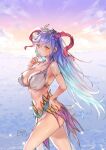  1girl armpits bikini breasts cleavage commentary_request curled_horns fire_emblem fire_emblem_heroes flower freyja_(fire_emblem) freyja_(summer)_(fire_emblem) goat_horns gold_armlet horns large_breasts looking_at_viewer ocean official_alternate_costume outdoors pelvic_curtain red_horns solo swimsuit t_misaomaru white_bikini 