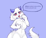  anthro blue_horn breast_grab breasts clyde_(discord) discord_(app) featureless_breasts featureless_crotch female fur hair hand_on_breast horn looking_down luxx navel open_mouth red_eyes short_hair solo white_body white_fur white_hair 