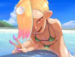  1girl bare_shoulders beach bikini blonde_hair blue_sky breasts cloud cloudy_sky day looking_at_viewer open_mouth outdoors red_eyes shiver_(splatoon) sky small_breasts smile solo splatoon_(series) splatoon_3 spread_legs suction_cups swimsuit tanukichikushin tentacle_hair twitter_username v 