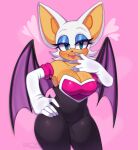  anthro armwear bat breasts cleavage clothed clothing elbow_gloves eyeshadow female fur gloves half-closed_eyes handwear heart_symbol hi_res kore_eon lipstick looking_at_viewer makeup mammal membrane_(anatomy) membranous_wings narrowed_eyes rouge_the_bat sega signature simple_background solo sonic_the_hedgehog_(series) tan_body tan_skin white_body white_fur wings 