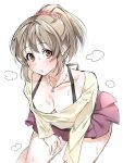  1girl blush bra_strap breasts brown_eyes brown_hair chestnut_mouth cleavage collarbone cowboy_shot exhausted hair_ornament hair_scrunchie hand_on_own_thigh heavy_breathing high_ponytail highres hori_yuko idolmaster idolmaster_cinderella_girls idolmaster_cinderella_girls_starlight_stage jewelry karan leaning_forward long_hair long_sleeves looking_at_viewer medium_breasts miniskirt necklace open_mouth pink_scrunchie pleated_skirt ponytail purple_skirt scrunchie shirt simple_background skirt standing sweat white_background yellow_shirt 