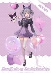 artist_name balloon black_footwear black_ribbon black_shirt bow character_name full_body grey_hair hair_between_eyes hair_ribbon hand_up heart_balloon highres kanda_done kuromi long_sleeves looking_at_viewer mary_janes medium_hair off-shoulder_shirt off_shoulder onegai_my_melody open_mouth purple_bow purple_eyes purple_nails purple_skirt ribbon sanrio shirt shoes skirt smile solo standing standing_on_one_leg thighhighs twintails white_thighhighs zettai_ryouiki 