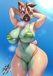  absurd_res anthro areola areola_slip big_breasts bikini biped breasts camel_toe chest_tuft clothed clothing eyelashes female hi_res looking_at_viewer mammal pupils smile solo swimwear thick_thighs thyhsilverfeet tuft 