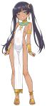  1girl ankh anklet armlet black_hair blue_eyes blunt_bangs breasts clenched_teeth commentary_request dark-skinned_female dark_skin earrings egyptian_clothes full_body highres jewelry kamidan long_hair looking_at_viewer original pelvic_curtain ribs sandals simple_background small_breasts smile solo standing teeth toes twintails usekh_collar white_background yellow_bracelet 