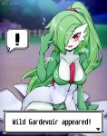  ! 1girl absurdres alternate_hairstyle artist_name black_thighhighs breasts cleavage colored_skin commentary dialogue_box dress english_commentary english_text fence flying_sweatdrops furry furry_female gameplay_mechanics gardevoir green_hair hair_over_one_eye high_ponytail highres humanization jrpulse large_breasts long_hair looking_at_viewer multicolored_skin night on_ground open_mouth outdoors paid_reward_available pokemon pokemon_(creature) ponytail red_eyes sitting smile solo speech_bubble steaming_body sweatdrop thighhighs tree twitter_username two-tone_skin white_dress white_skin wild_pokemon_appeared wooden_fence 