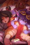  2girls barefoot bestiality brown_shorts colored_skin commission dragon dragon_trainer_tristana dress dual_persona earrings firecracker_tristana goggles goggles_on_head grin heart jewelry league_of_legends multiple_girls open_mouth pointy_ears red_dress riggle_(league_of_legends) sex sex_from_behind shiny_skin shorts shortstack sirfy smile teeth tiger_stripes tongue tongue_out translation_request tristana upper_teeth_only wings yordle 