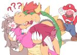  1girl ? animal_ears bone_hair_ornament bowser brown_hair carrying cosplay crown dog_ears dog_girl dress facial_hair hair_ornament hashiguma hat hololive inugami_korone listener_(inugami_korone) long_hair mario mario_(cosplay) mario_(series) multiple_boys mustache nintendo princess_carry princess_peach princess_peach_(cosplay) spiked_shell spikes virtual_youtuber 