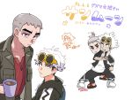 2boys arrow_(symbol) closed_mouth coffee commentary_request cup grey_hair guzma_(pokemon) highres holding holding_cup hood hood_down hooded_jacket jacket jewelry male_focus mug multiple_boys multiple_views nanu_(pokemon) necklace nyoripoke open_clothes open_jacket pants pokemon pokemon_sm red_eyes red_shirt shirt shoes short_hair sunglasses trembling white_background white_hair yellow-framed_eyewear 