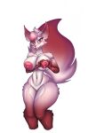  anthro big_breasts breasts canid canine female fox foxgumie genitals hair hi_res mammal navel nipples pink_body pink_nipples pussy red_eyes simple_background solo tail tongue tongue_out white_background 
