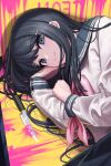  1girl bangs black_eyes black_sailor_collar black_skirt blood bow bowtie closed_mouth danganronpa:_trigger_happy_havoc danganronpa_(series) deadnooodles grey_shirt hair_ornament hairclip highres knife long_hair looking_at_viewer lying maizono_sayaka on_side pink_blood pink_bow pink_bowtie pleated_skirt sailor_collar shiny shiny_hair shirt skirt smile solo yellow_background 