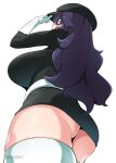  1girl @_@ ass breasts gloves hairband hat hex_maniac_(pokemon) large_breasts long_hair messy_hair pokemon pokemon_(game) pokemon_xy purple_eyes purple_hair purple_hairband simple_background solo team_rocket team_rocket_uniform toudori white_background white_gloves white_legwear 