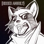  1:1 akito_(bastionshadowpaw) anthro bastionshadowpaw english_text fangs fur icon knife male mammal monochrome open_mouth procyonid raccoon solo teeth text tongue uvula whiskers 