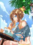  1girl ahoge bikini blonde_hair blue_eyes bowl breasts brown_dust_2 chopsticks cloud cloudy_sky cropped_shirt cup drinking_straw eating food from_below hair_between_eyes hair_ornament highres holding holding_chopsticks justia_(brown_dust) light_blush looking_to_the_side medium_breasts navel palm_tree pasta plate shirt sitting sky small_horns solo spaghetti stomach sunlight swimsuit table tree upper_body wet wet_clothes wet_shirt white_bikini white_shirt wjdtjdwlswls wooden_table 