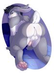  absurd_res anthro arched_back ashley_(collarmecandy) balls bedroom_background bedroom_eyes butt collarmecandy erection fluffy fluffy_tail genitals hi_res lagomorph leporid male mammal narrowed_eyes pawpads paws rabbit seductive solo tail teasing teasing_viewer 