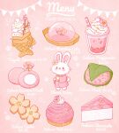  absurdres animal artist_name blush_stickers branch bubble cake cake_slice cheesecake cherry_blossoms clothed_animal commentary cookie cup dessert disposable_cup drinking_straw english_commentary english_text faith_varvara flower food food_focus frappuccino highres ice_cream japanese_clothes kimono leaf long_sleeves looking_at_viewer menu mochi no_humans open_mouth original petals pink_background pink_flower pink_kimono pink_theme polka_dot polka_dot_kimono price rabbit raindrop_cake red_eyes simple_background smile solid_oval_eyes taiyaki tart_(food) wagashi whipped_cream whiskers wide_sleeves yukata 