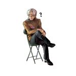  1boy ? brown_jacket chair crossed_legs glasses highres hirasawa_susumu jacket real_life simple_background sitting solo white_background white_hair 