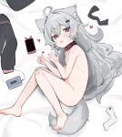  1girl absurdres ahoge animal_ear_fluff animal_ears bandaid bandaid_on_cheek bandaid_on_face bandaid_on_knee bandaid_on_leg bandaids_on_nipples bangs belt_collar blush cellphone clothes_removed collar completely_nude extra_ears eyebrows_visible_through_hair fenrir_(fenriluuu) fetal_position fingernails grey_hair hair_between_eyes hair_ornament hairpin heart highres long_hair looking_at_viewer lying nude on_bed on_side original pasties phone pink_eyes red_collar solo tail toenails toes very_long_hair 