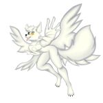  5_fingers anthro canid canine fingers fox foxgumie fur hair hi_res male mammal simple_background solo tongue tongue_out white_background white_body white_fur white_hair wings yellow_eyes 