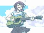  1girl acoustic_guitar blue_sky closed_eyes cloud cowboy_shot day girls_band_cry guitar instrument iseri_nina le0niigo motion_blur open_mouth outdoors plaid plaid_skirt playing_guitar red_hair red_skirt shirt short_sleeves short_twintails skirt sky smile solo sweat twintails white_background white_shirt 